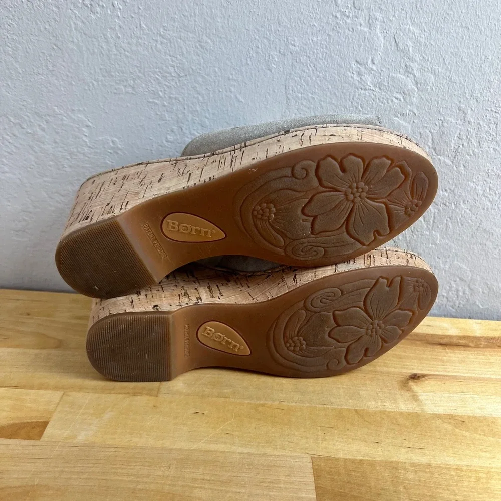 Born Sandals Wedge Lilah Size 7 Taupe Suede Open Toe Cork Platform Slide Slip On
